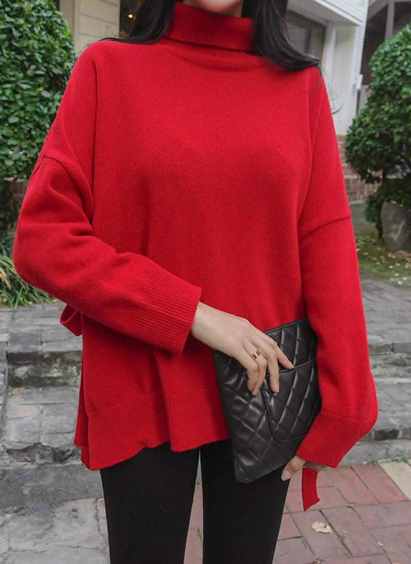 サイドリボンタートルネックニット