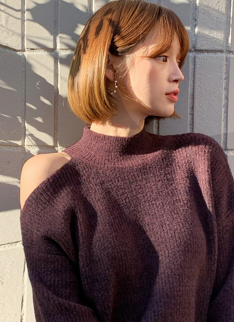 カットショルダーハイネックニット・全2色