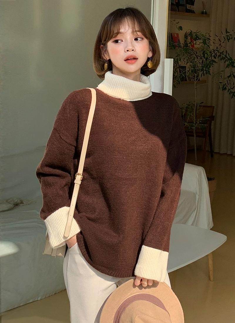 バイカラータートルネックニット・全5色