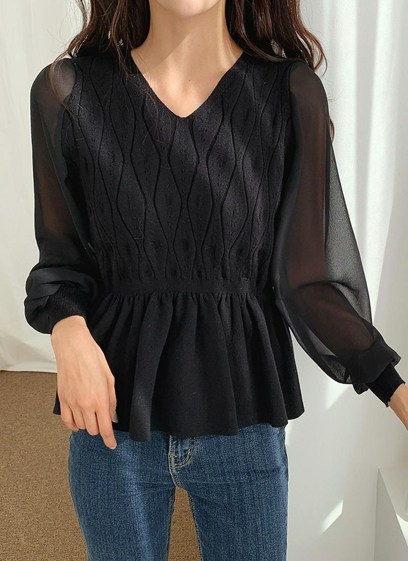 Vネックシアースリーブニット・全3色