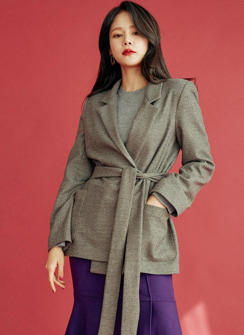 ヘリンボーンボタンレスジャケット(ブラウン)