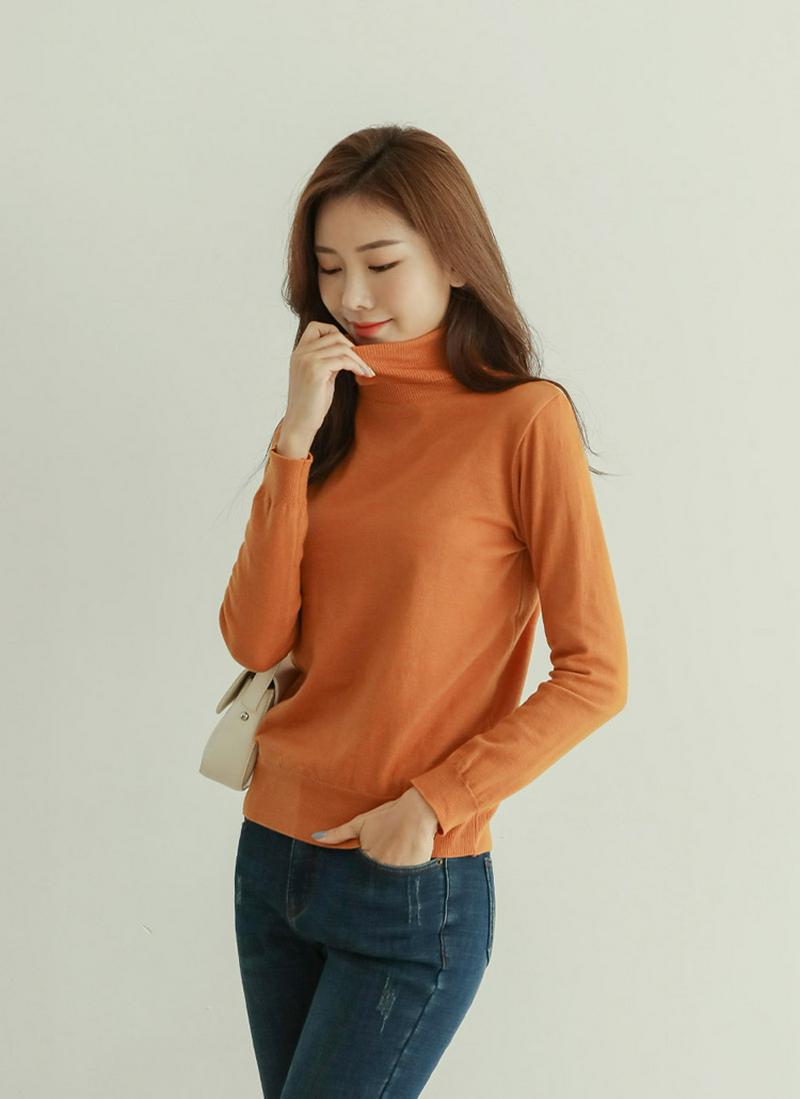 リブヘムタートルネックニット