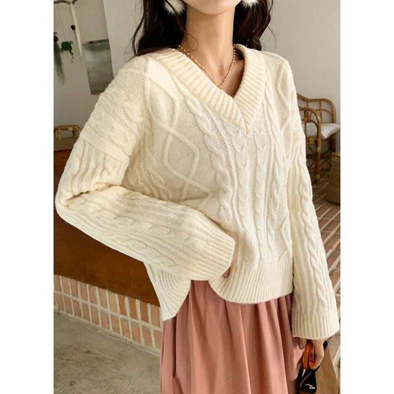 Vネックケーブルニット・全5色