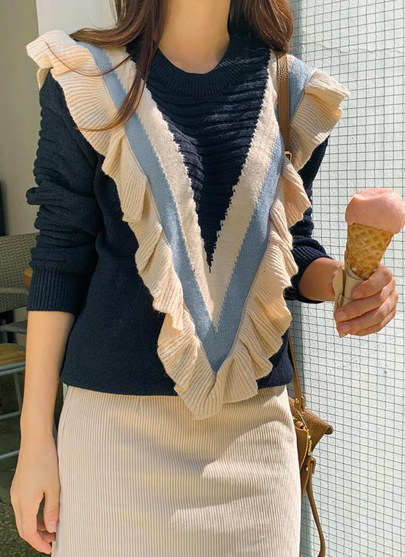 フリルVネック配色ニット