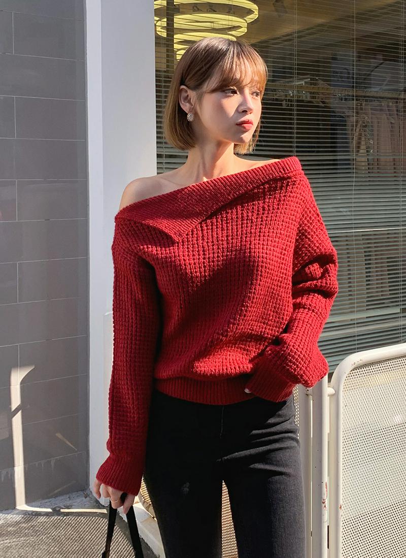 オフショルダーワッフルニット・全2色