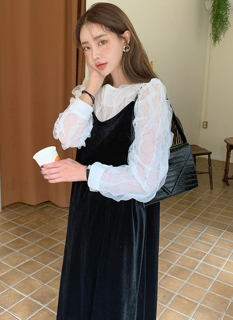 ラッフルシースルーレースブラウス