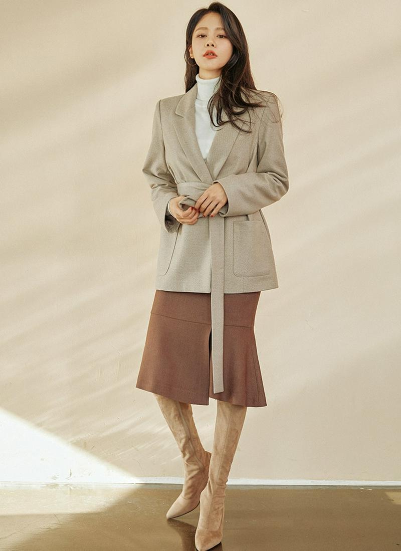 ヘリンボーンボタンレスジャケット(ベージュ)