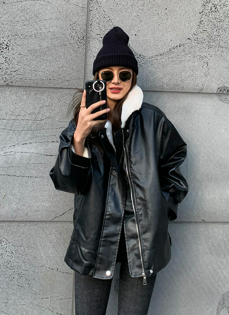 フェイクレザーファー配色ジャケット