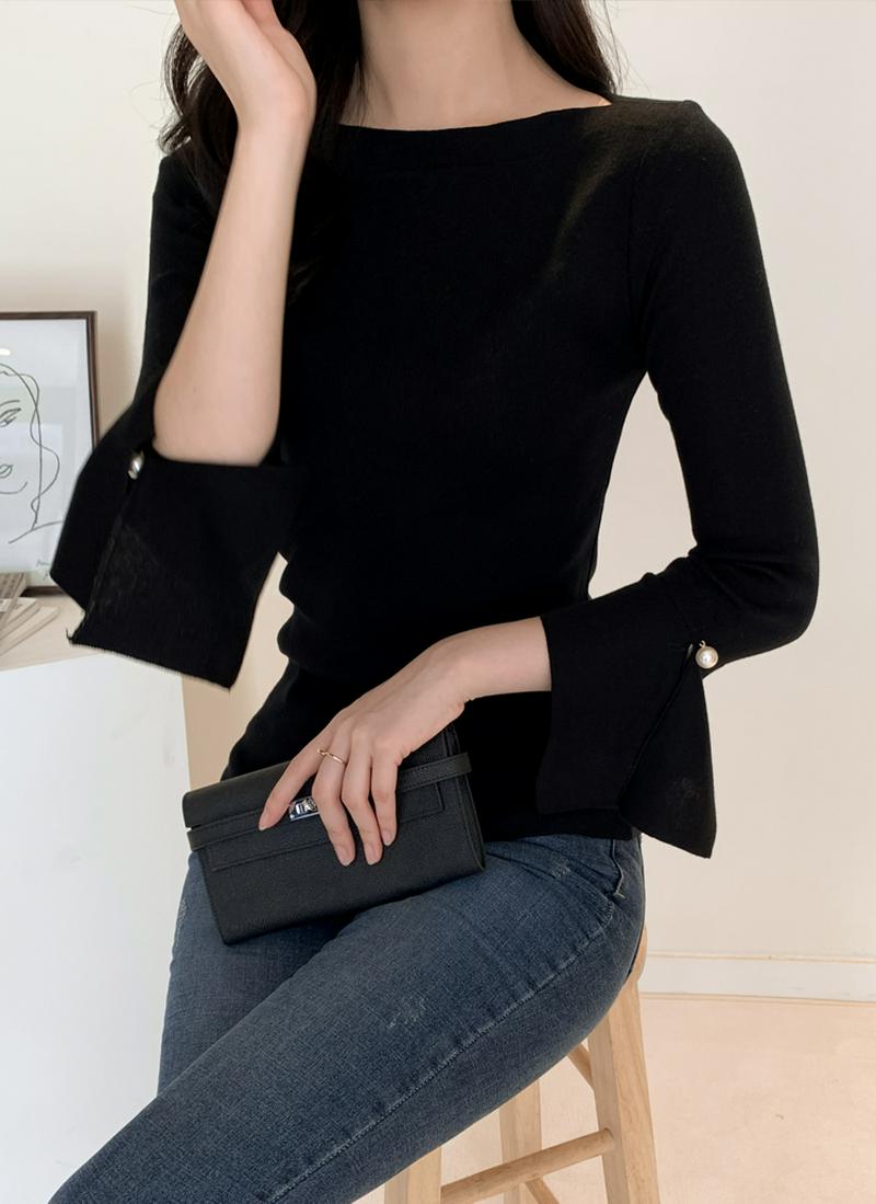 袖パールポイントボートネックニット