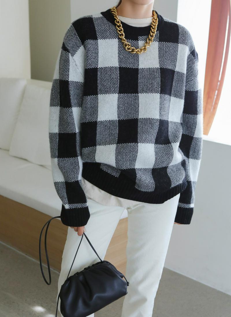 ブロックチェックニット