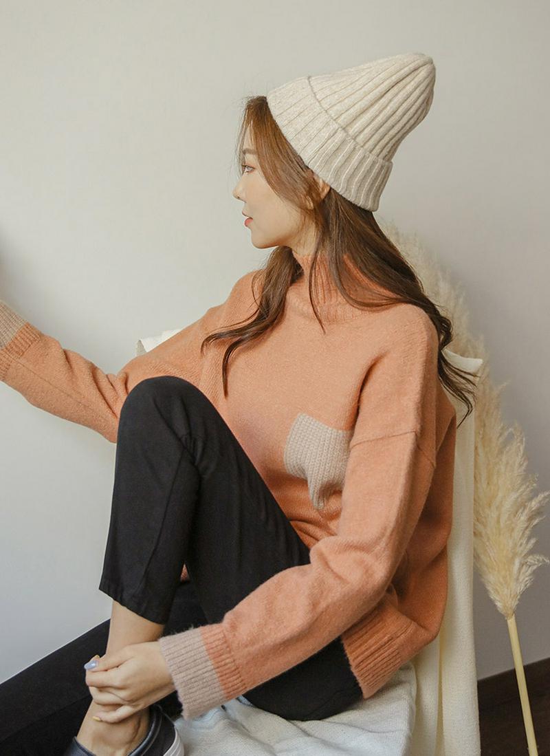 配色フェイクポケットニット