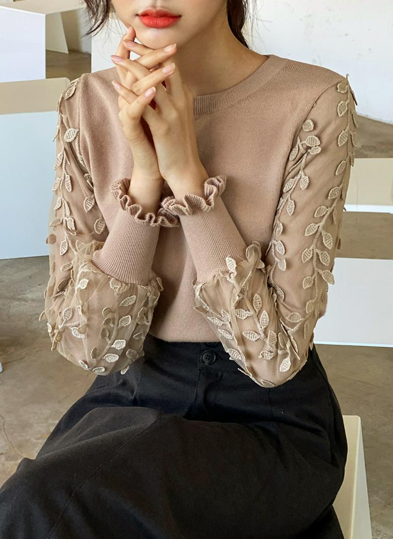 リーフディテールニット・全3色 b56331 レディース【tops】【トップス ラウンドネック ニット シースルーニット フリルスリーブ 長袖 レース ラブリー フェミニン ラブリーニット ユニーク 大人コーデ 秋 冬】