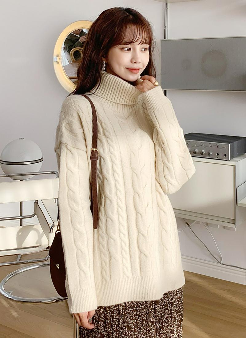 タートルネックケーブルニット・全3色