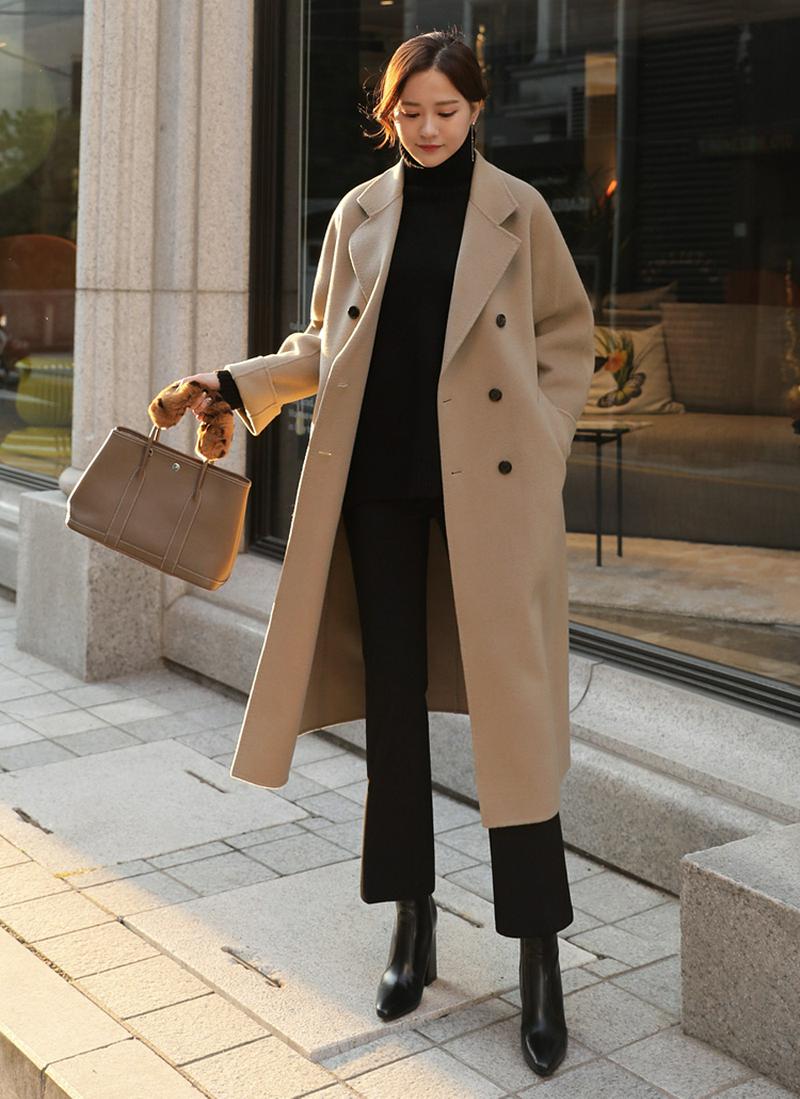 腰ヒモ付ロングダブルコート(モカ)