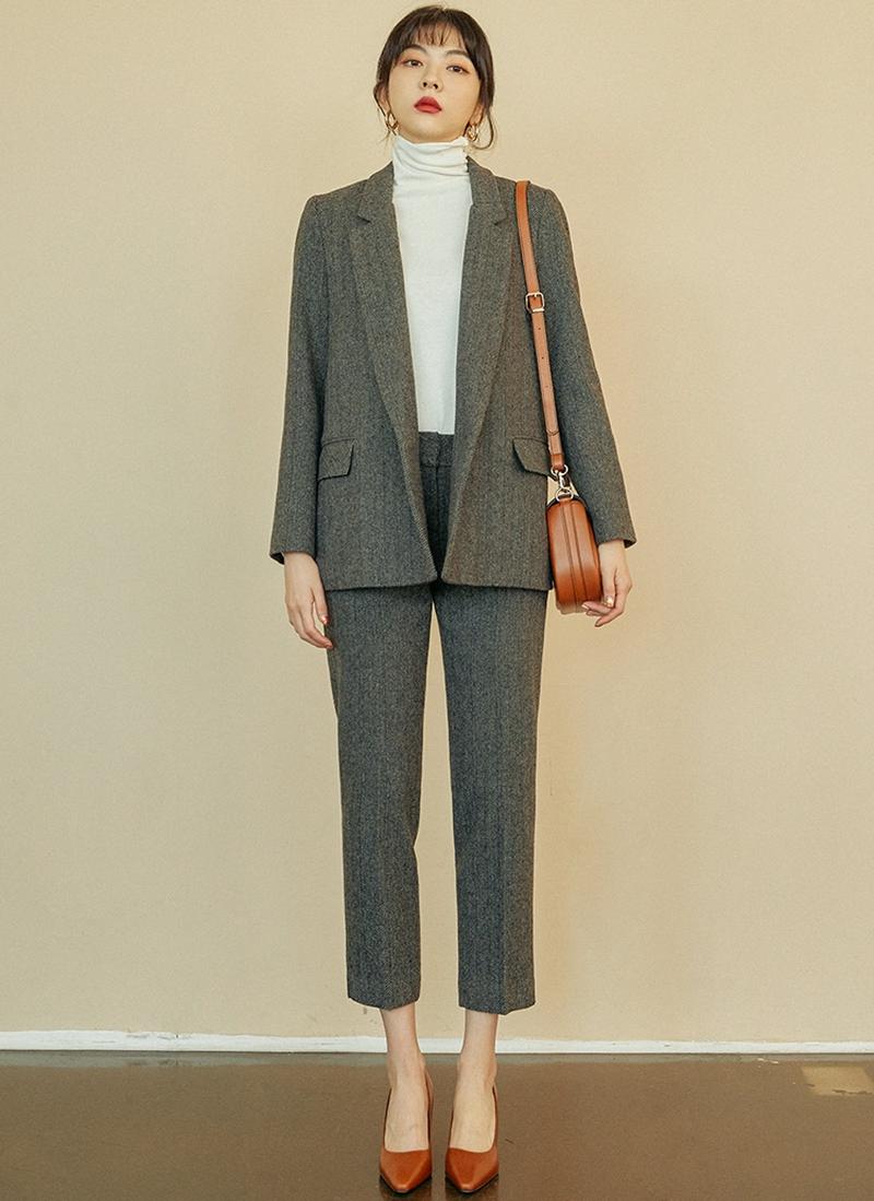 ヘリンボーンワンボタンジャケット(グリーン)