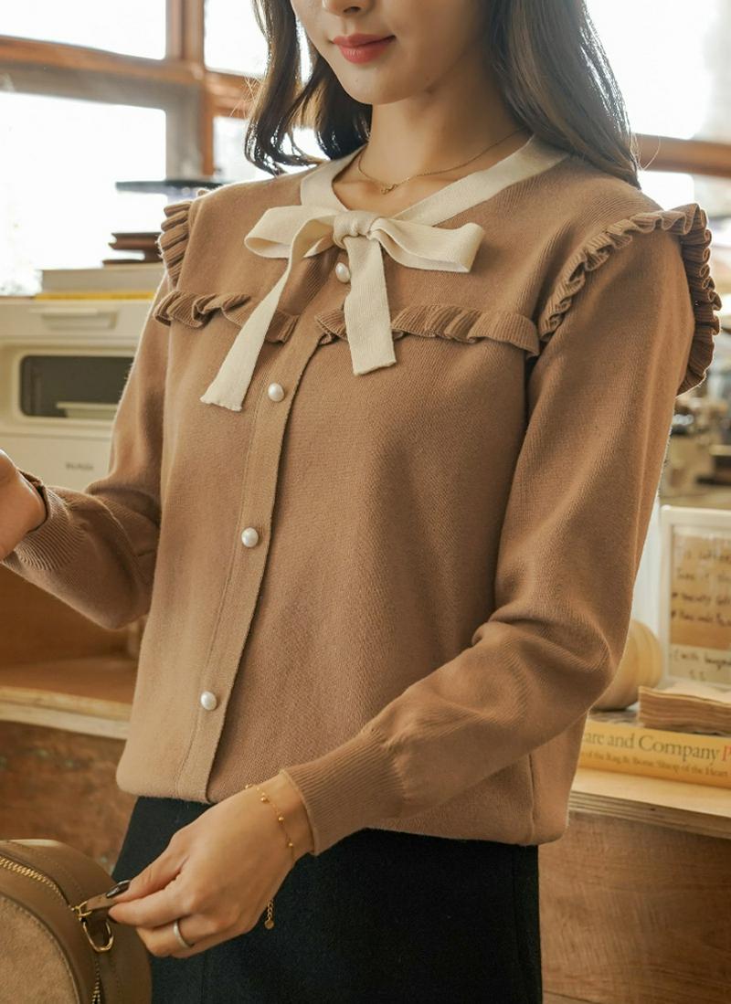 フリルディテール配色リボンニット