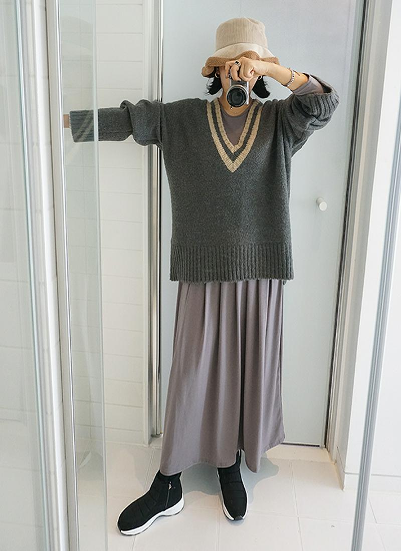 アルパカブレンド配色Vネックニット