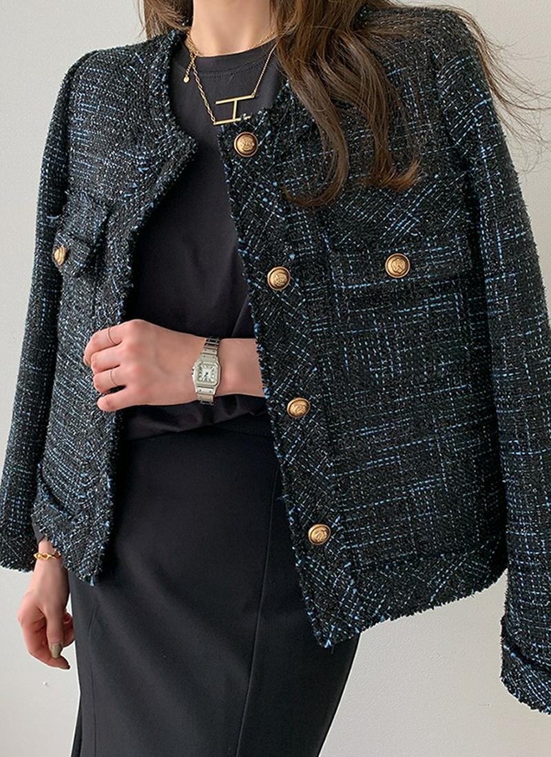 ノーカラーツイードジャケット(ブルーブラック)