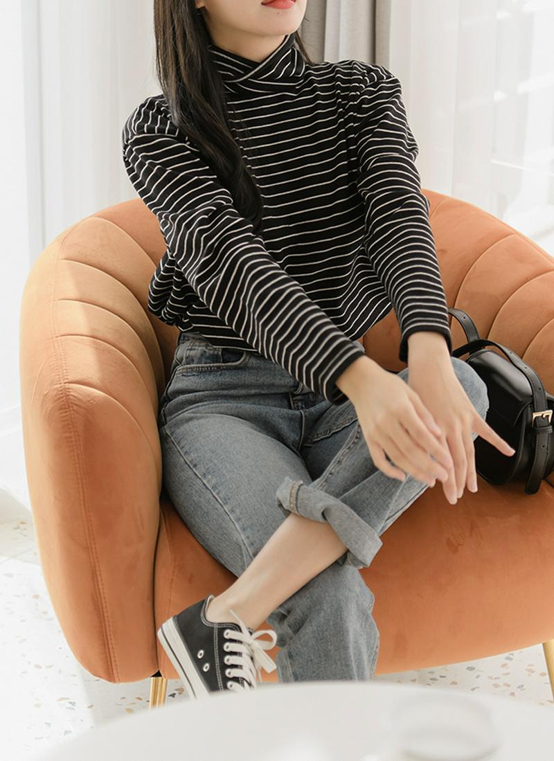 ハイネックボーダー長袖Tシャツ