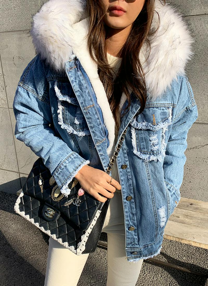 エコファー付ダメージデニムジャケット