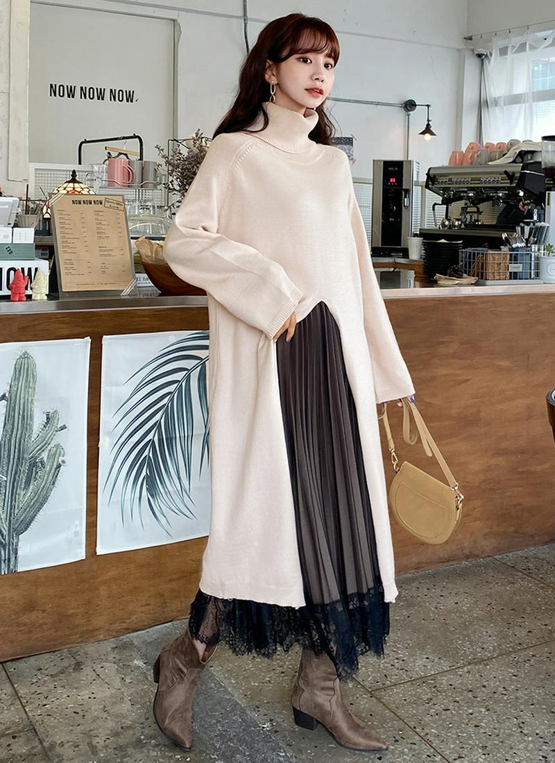 ディープスリットロングニット・全3色 t54727 レディース【tops】 ニット 年上 タートルネック タートルニット ハイネック スリットニット スリット ロング丈 ロングニット フロントスリット レイヤードコーデ コーデ 大人コーデ 秋