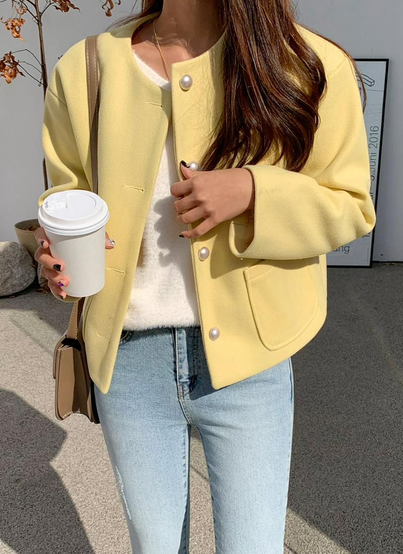 ノーカラーウール混ジャケット