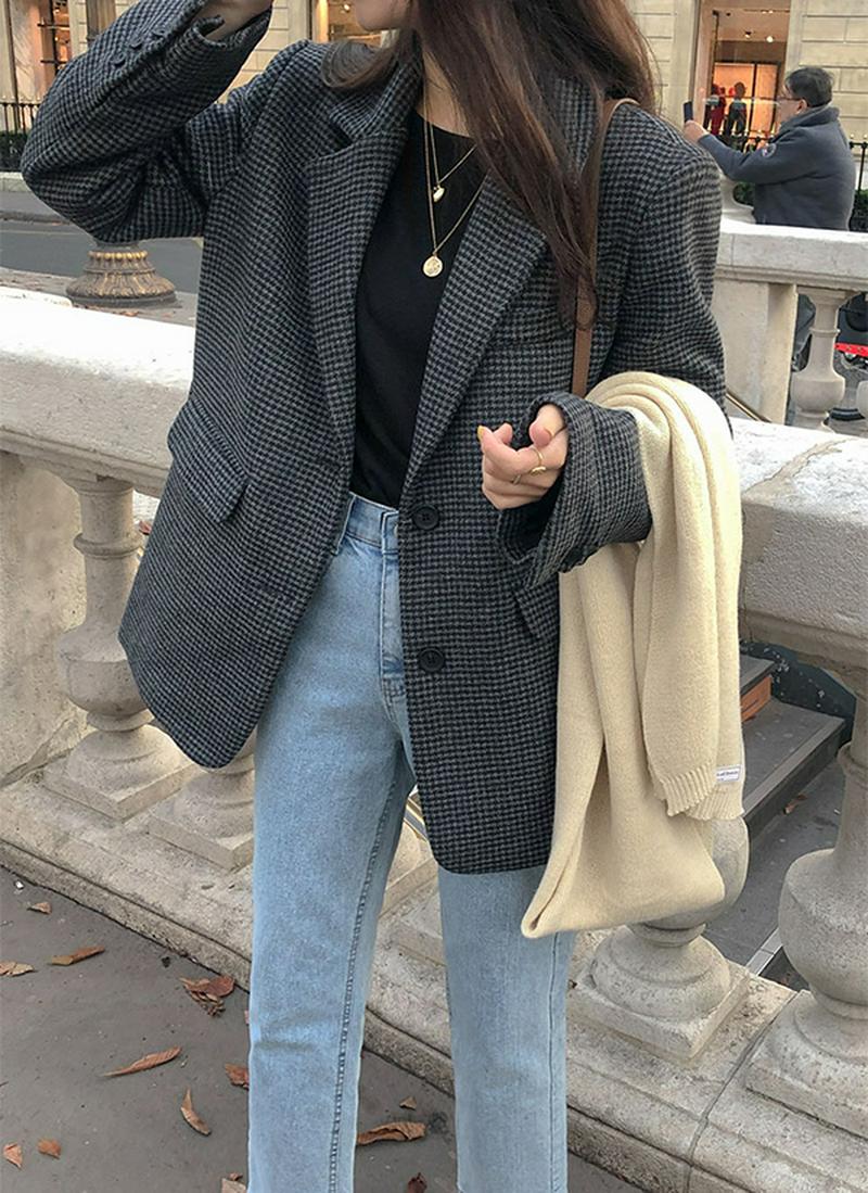 ウール混ハウンドトゥースジャケット
