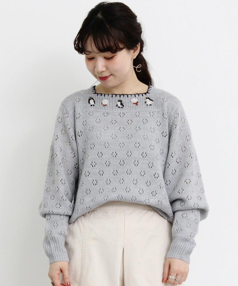 ○eiπe　「ペンギンと綿花刺繍」　スクエアネックプルオーバー