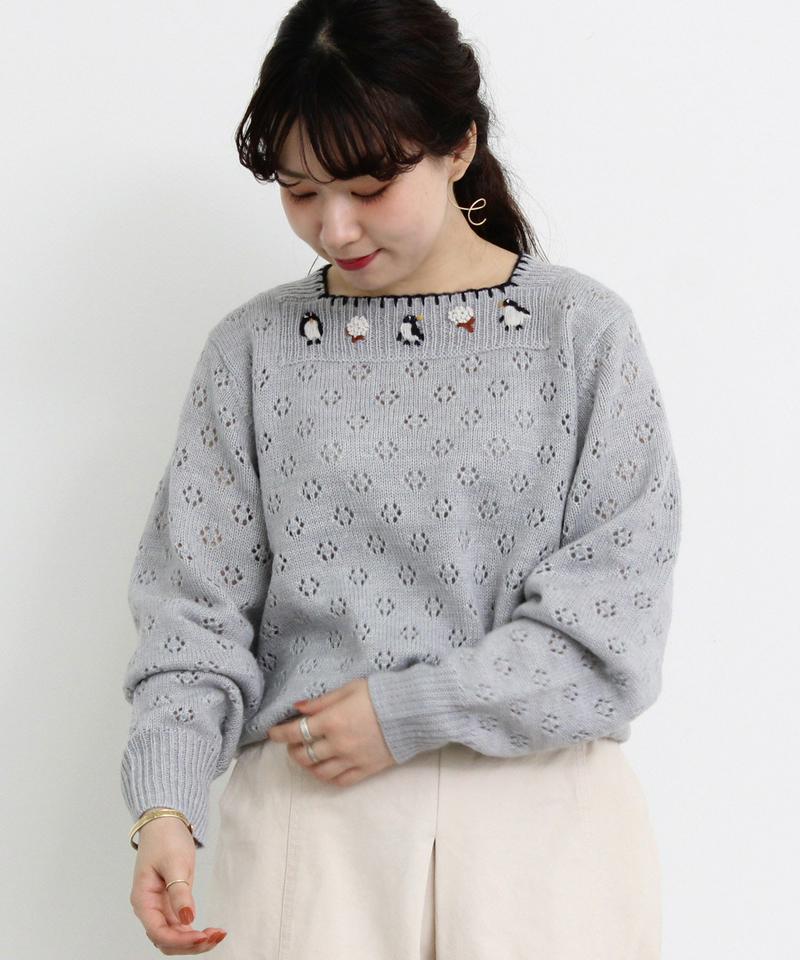 ○eiπe　「ペンギンと綿花刺繍」　スクエアネックプルオーバー