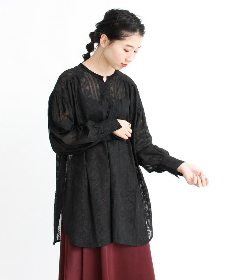 ○楊柳シフォン総刺繍ギャザーチュニックブラウス
