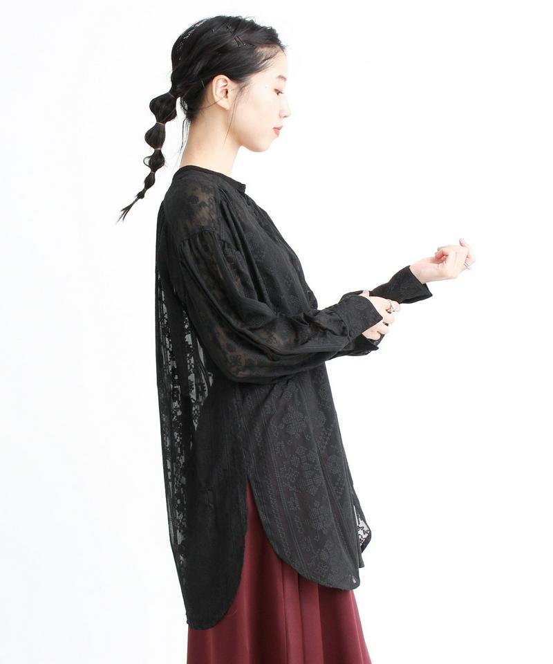 ○楊柳シフォン総刺繍ギャザーチュニックブラウス
