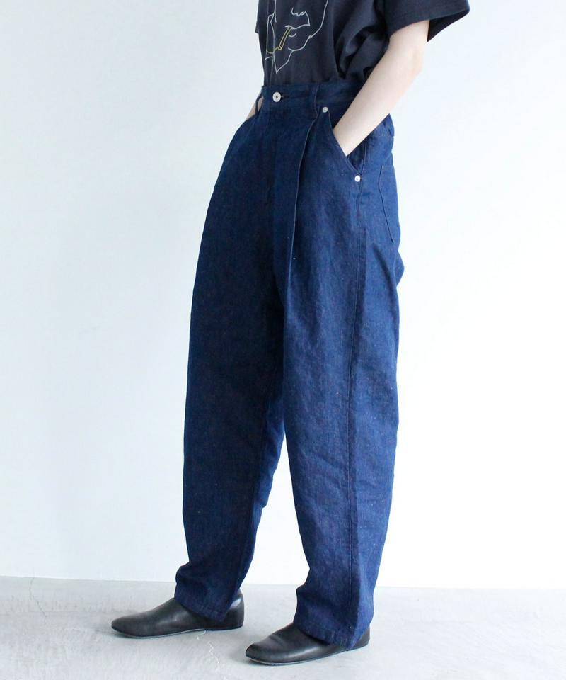 コットンリネン デニムタック太パンツ