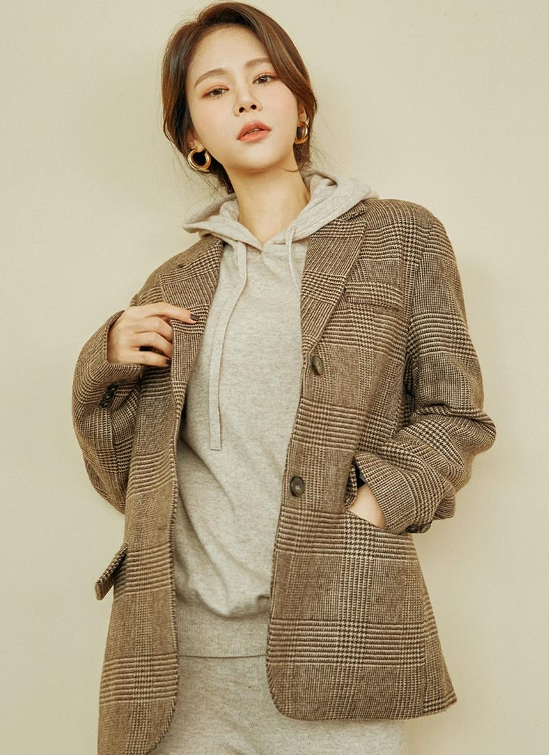 グレンチェックシングルジャケット(ブラウン)