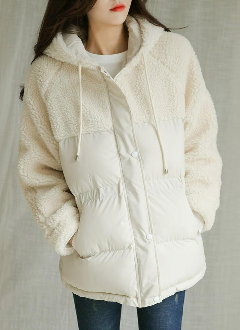 配色ボアフーデット中綿ジャケット