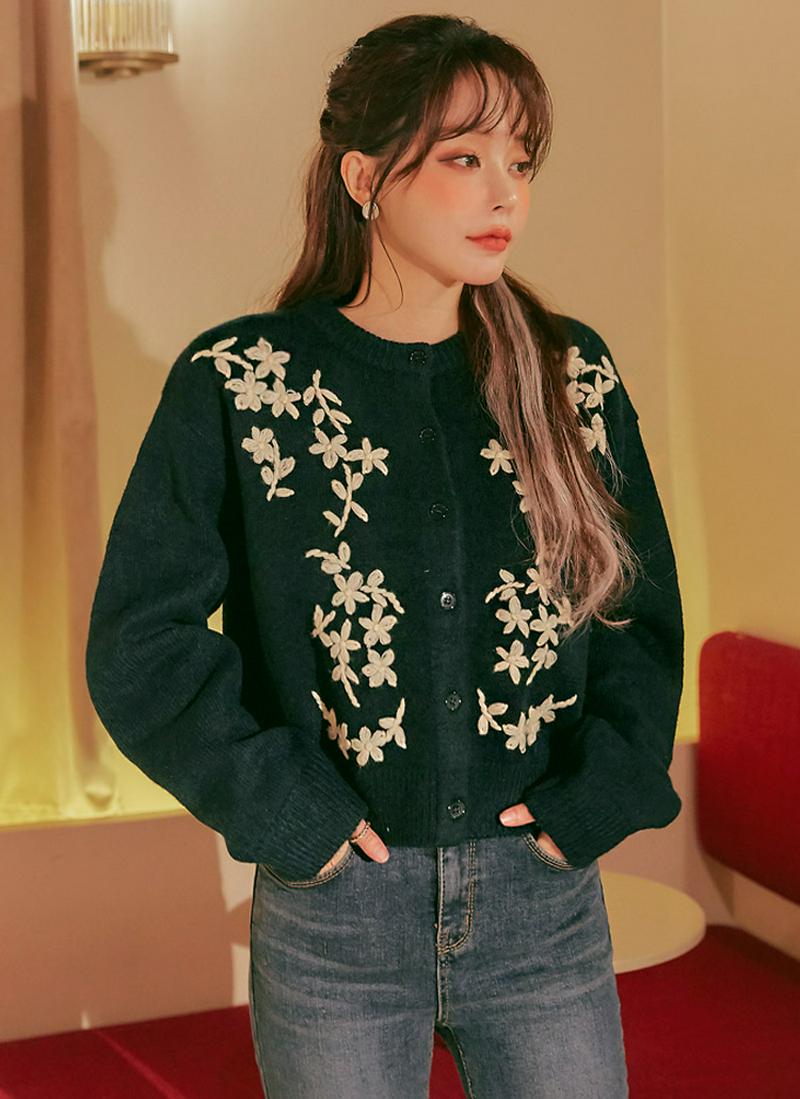 ウール混フラワー刺繍ニットカーディガン