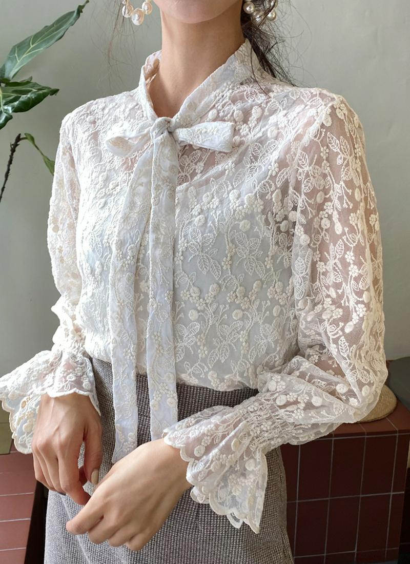 ボウタイ刺繍シアーブラウス・全3色