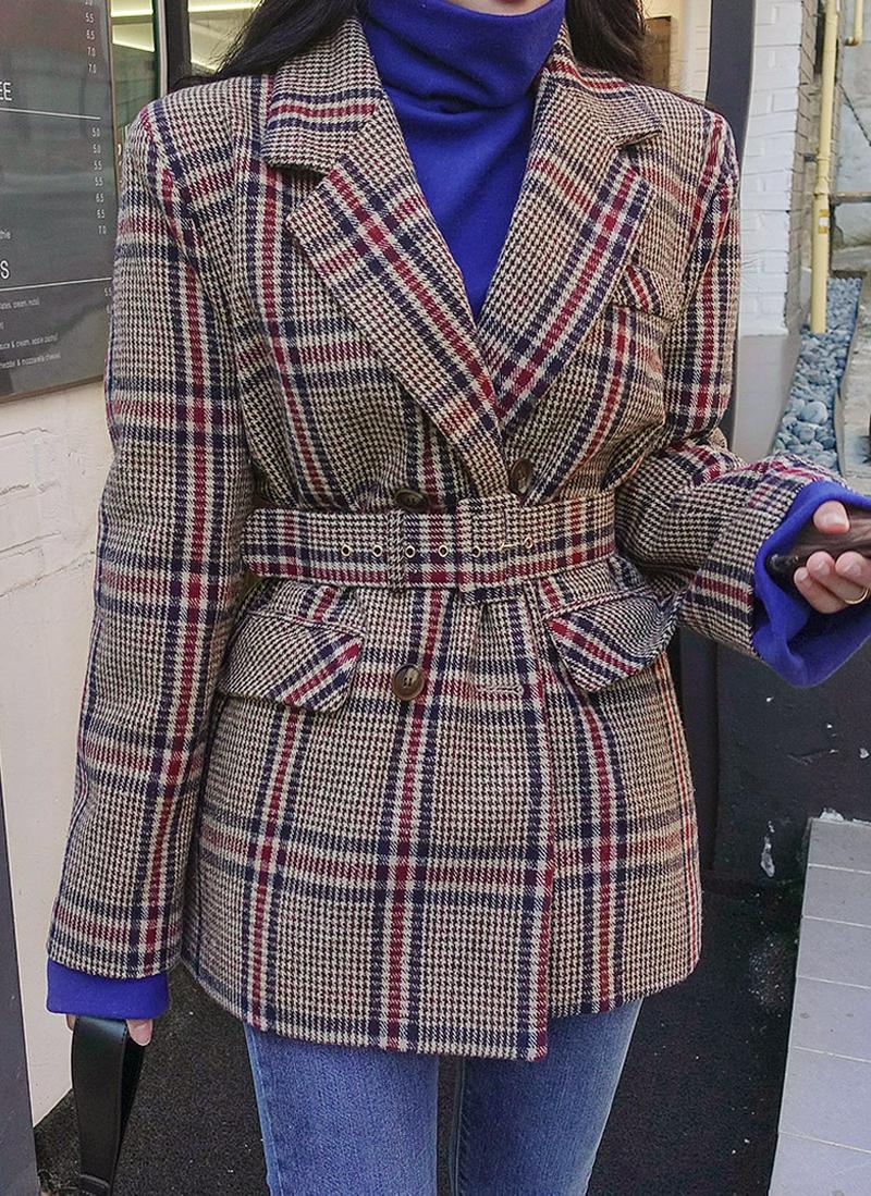 ベルト付チェック柄ジャケット