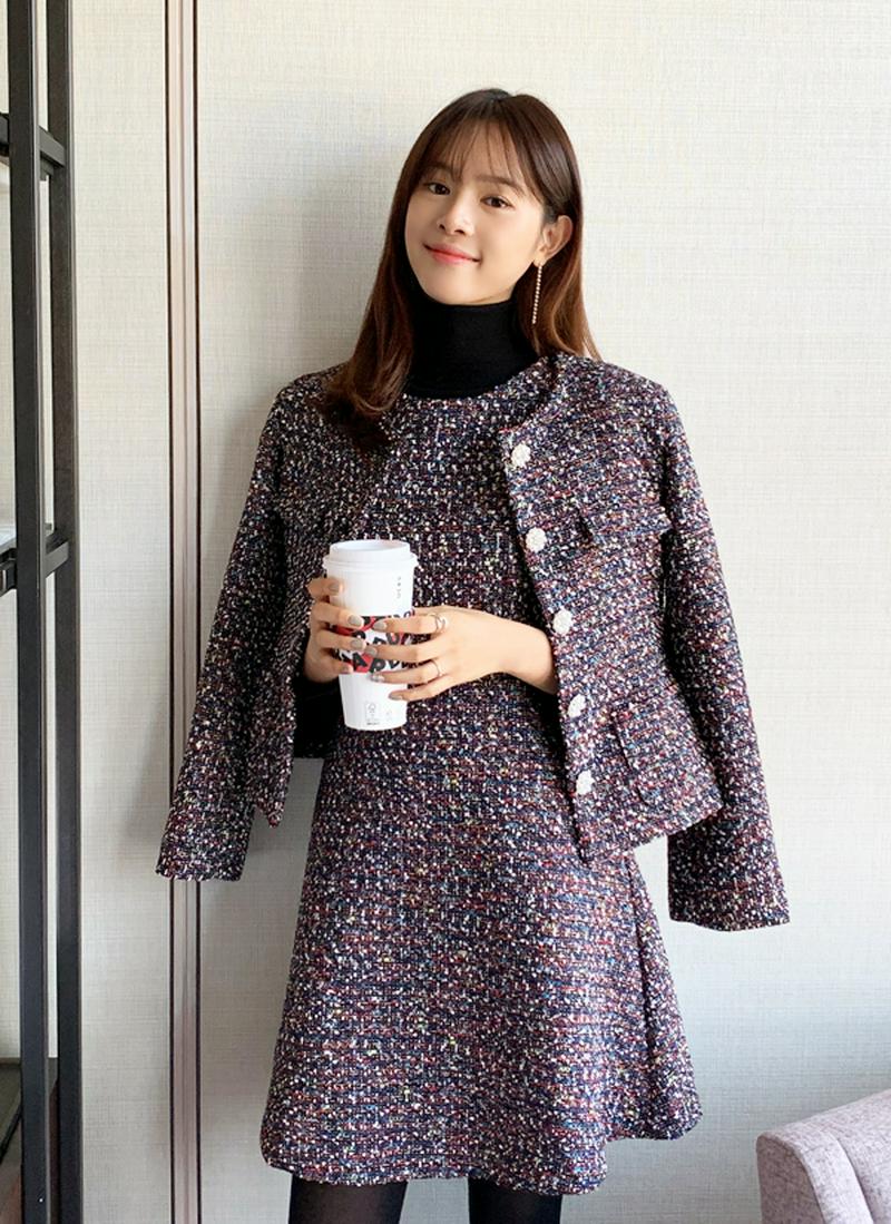 パールフラワー風ボタンツイードジャケット