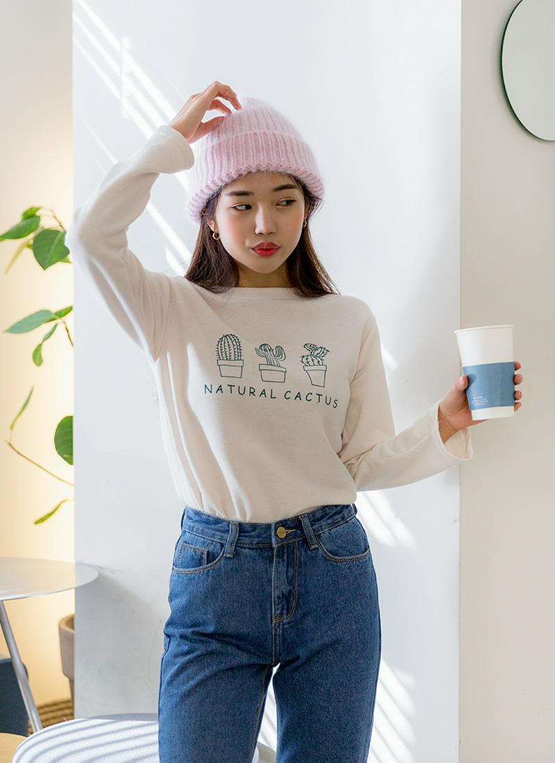 裏起毛cactusレタリングTシャツ