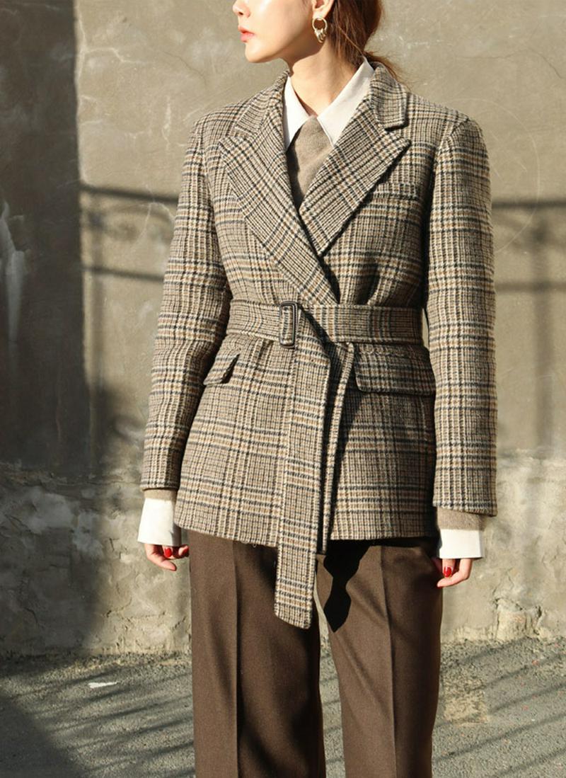 ベルト付ウールブレンドチェックジャケット