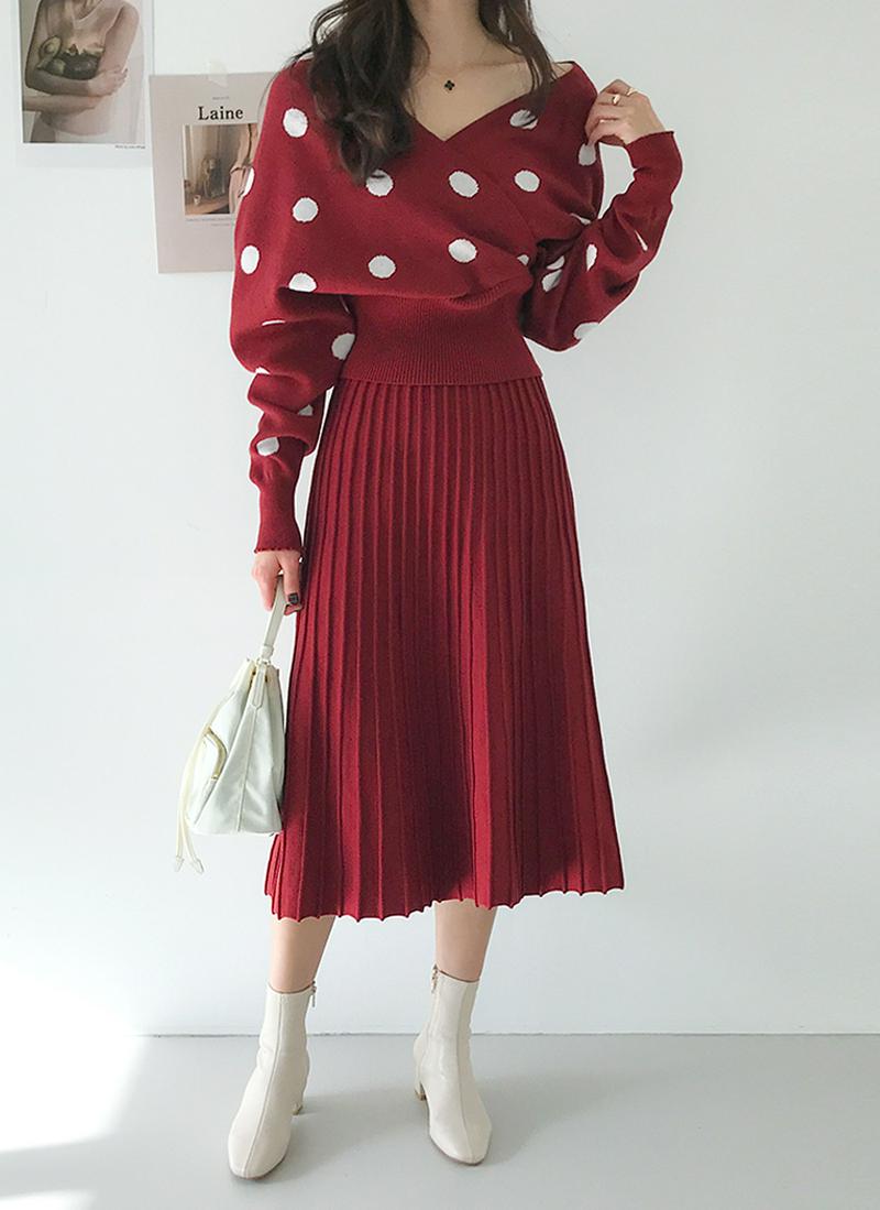 カシュクールドットニット&スカートSET