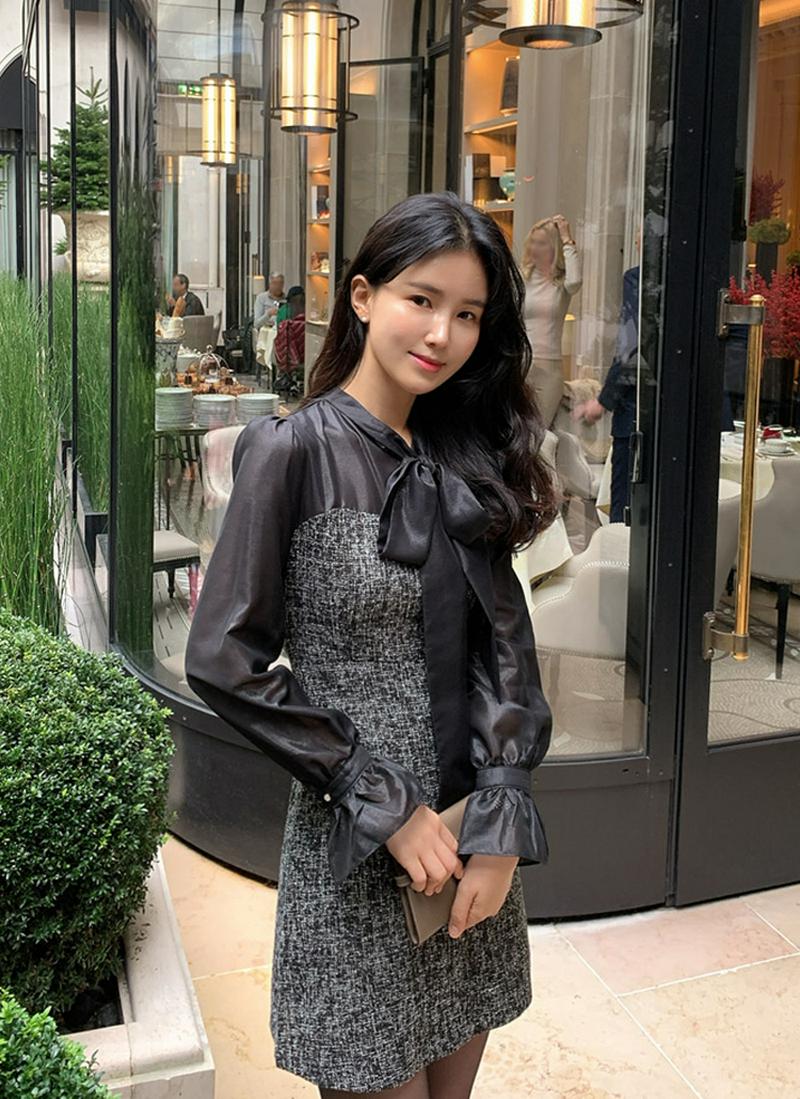 リボンネック切替シフォンワンピース