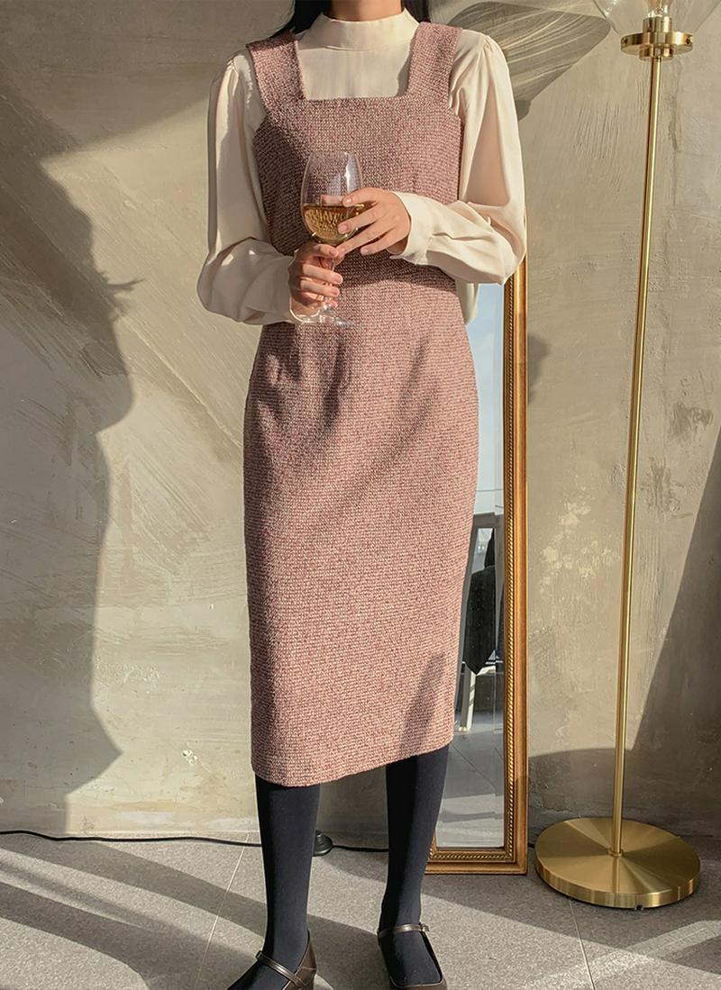 スクエアネックツイードワンピース
