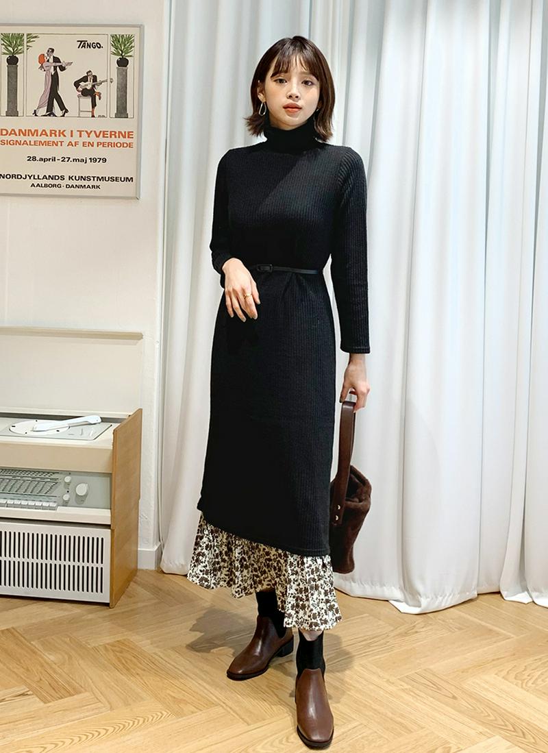 ベルト付リブニットワンピース・全3色