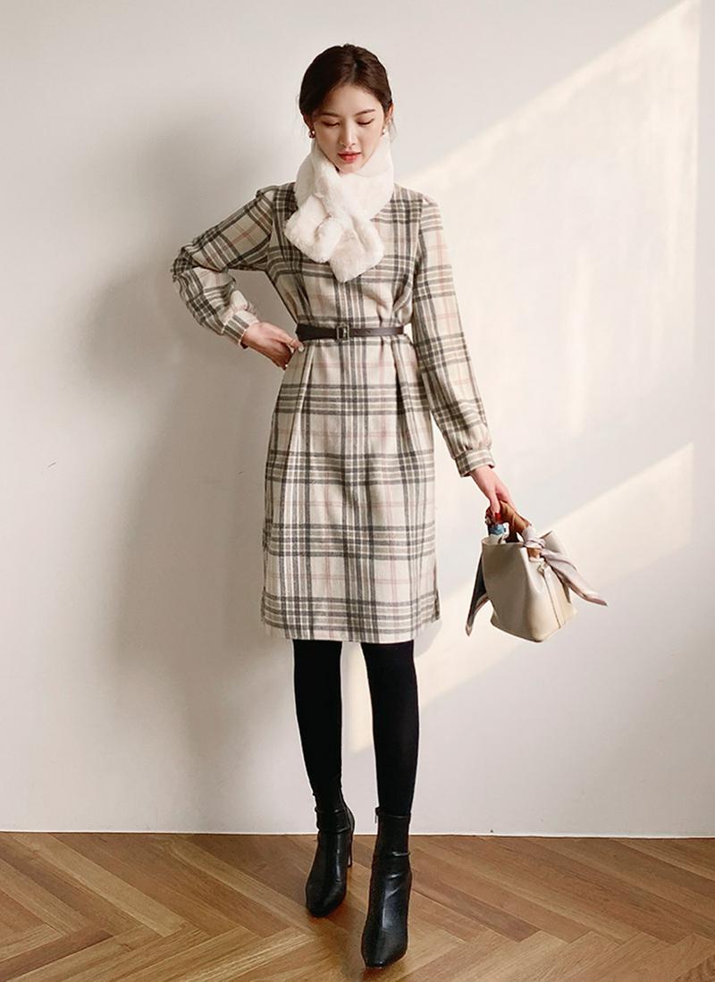 ベルト付チェックワンピース・全2色