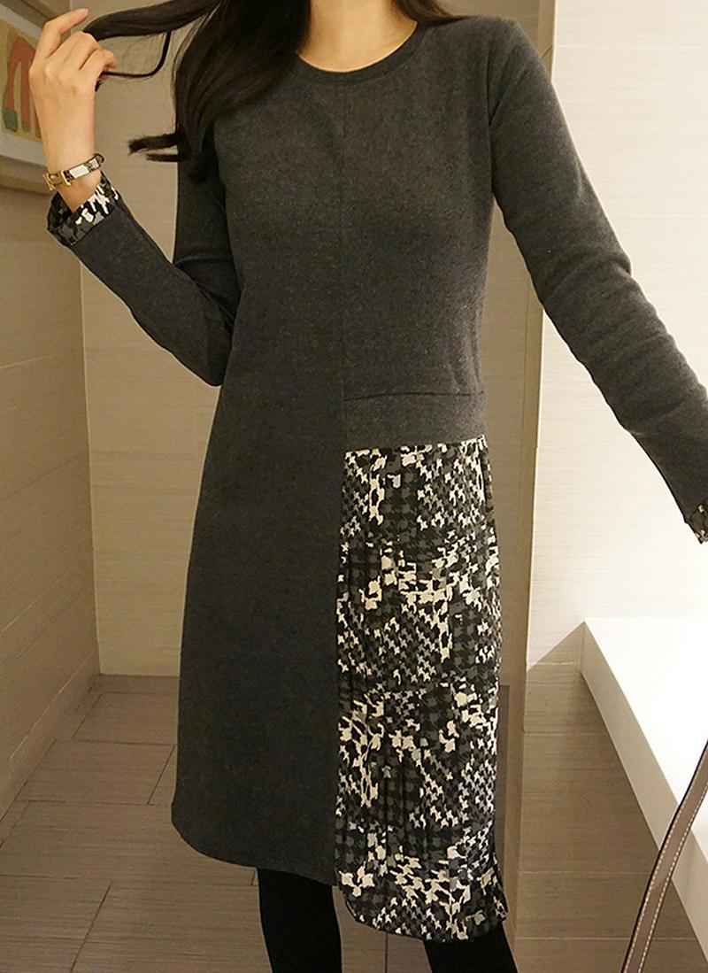 パターン配色ラウンドネックワンピース