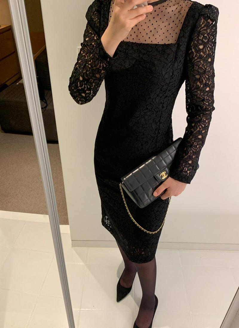 ドットスクエアパネルレースワンピース(ブラック)