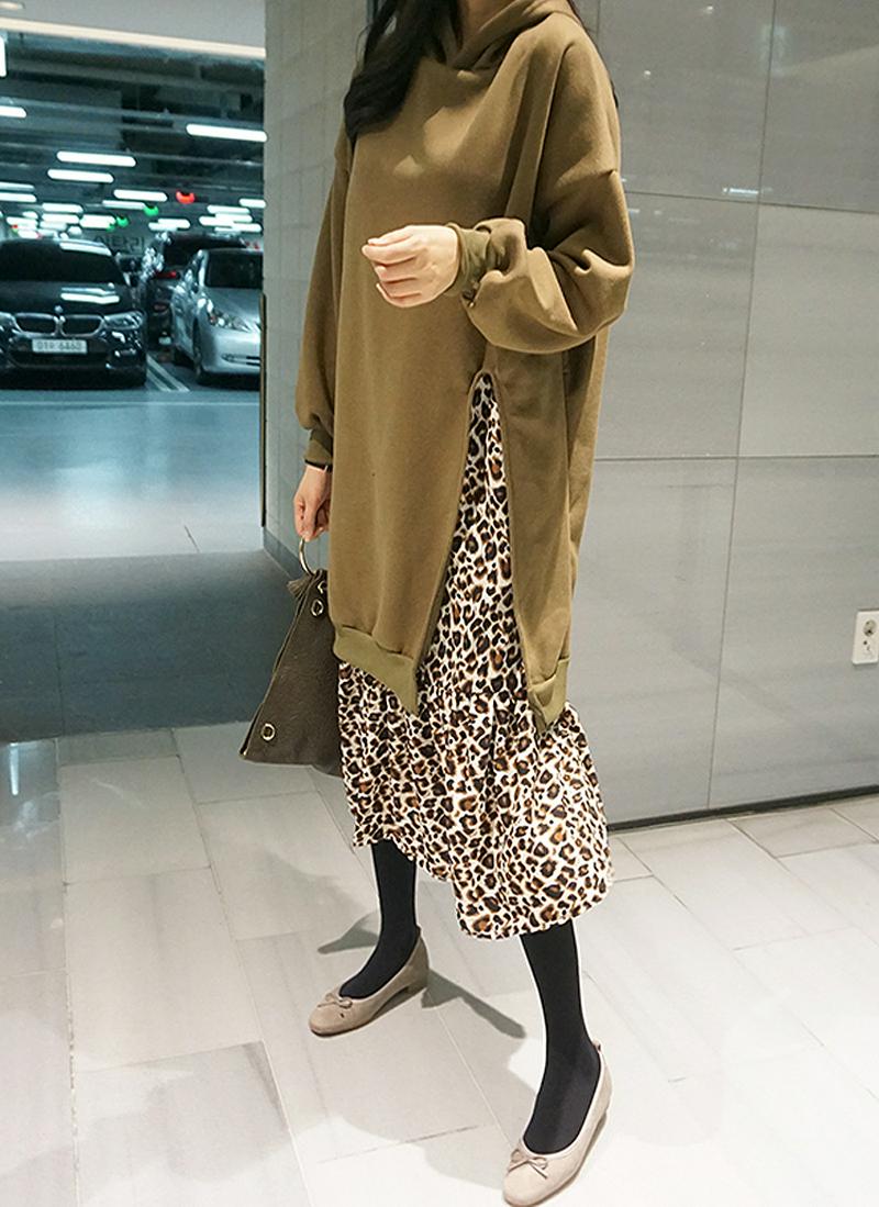 レオパードヘム両起毛フードワンピース