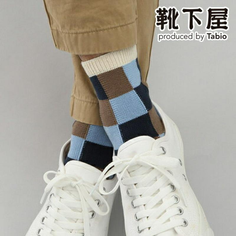 【あす楽】【Tabio MEN】 メンズブロックチェックショートソックス / 靴下屋 靴下 タビオ くつ下 ソックス カジュアル 日本製 父の日 2206mka