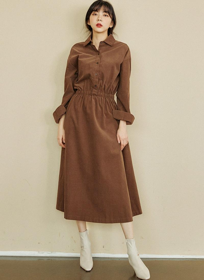 コーデュロイフレアワンピース(ブラウン)